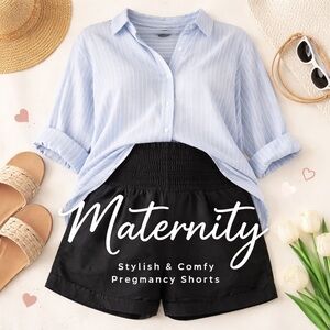 Old Navy Maternity Black Linen Blend Shorts Stretch Waist Pockets Size L